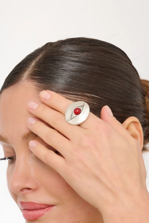 Kiraz Burgundy Stoned Silver Plated Eye Ring