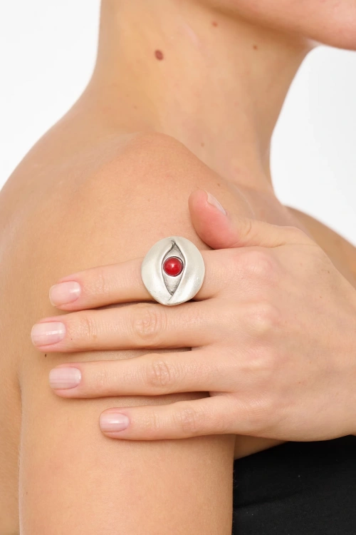 Kiraz Burgundy Stoned Silver Plated Eye Ring