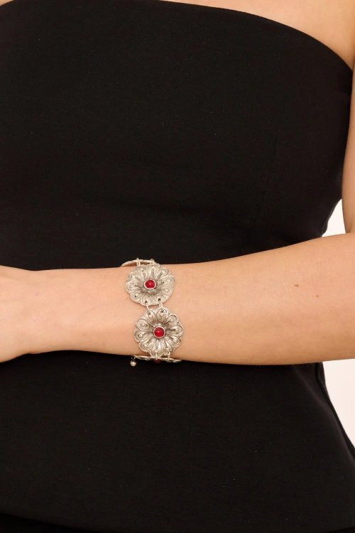 Kiraz Burgundy Stoned Silver Plated Flower Bracelet