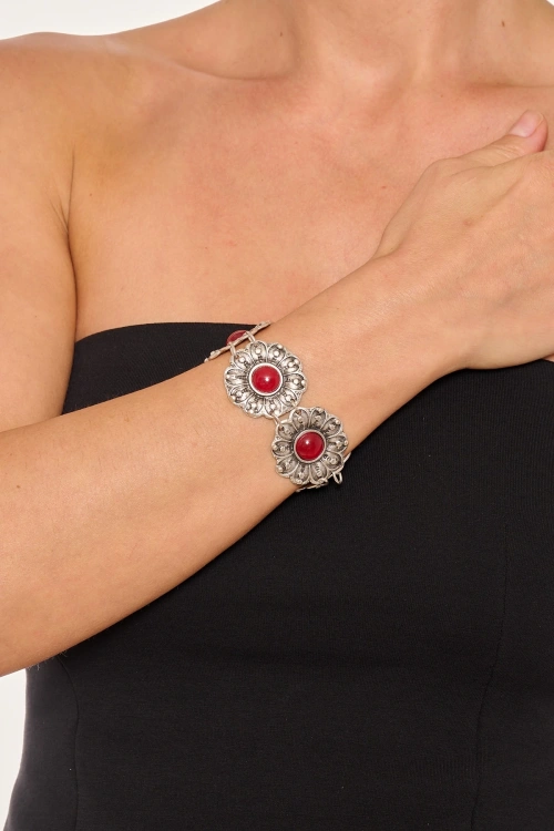 Kiraz Burgundy Stoned Silver Plated Flower Bracelet