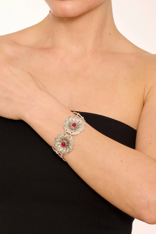 Kiraz Burgundy Stoned Silver Plated Flower Bracelet