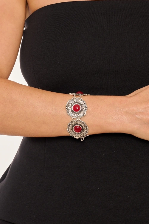 Kiraz Burgundy Stoned Silver Plated Flower Bracelet