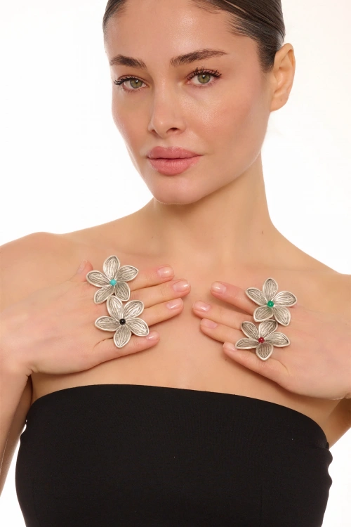 Kiraz Burgundy Stoned Silver Plated Flower Ring