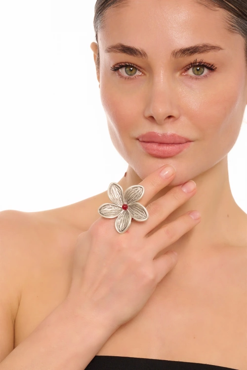 Kiraz Burgundy Stoned Silver Plated Flower Ring