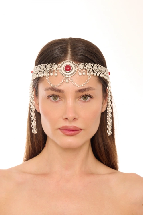 Kiraz Burgundy Stoned Silver Plated Head Accessory