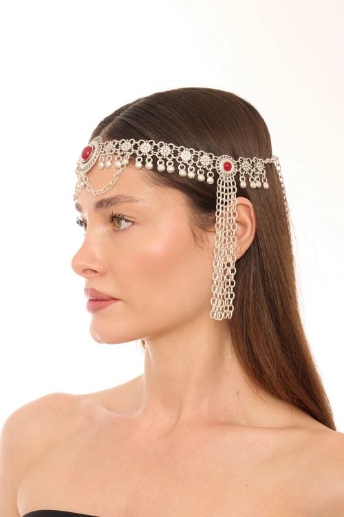 Kiraz Burgundy Stoned Silver Plated Head Accessory
