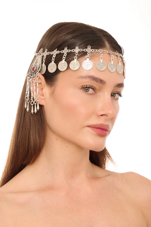 Kiraz Burgundy Stoned Silver Plated Head Accessory