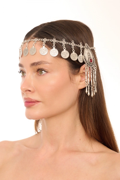 Kiraz Burgundy Stoned Silver Plated Head Accessory