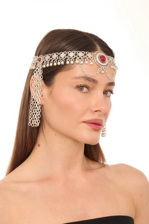 Kiraz Burgundy Stoned Silver Plated Head Accessory