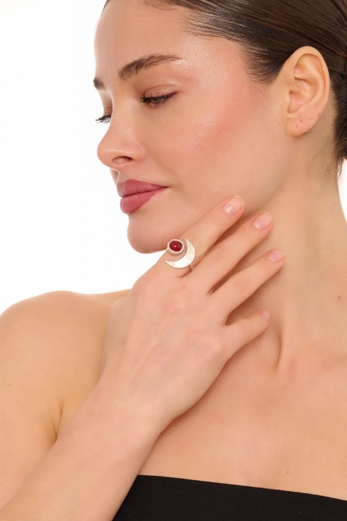 Kiraz Burgundy Stoned Silver Plated Moon Ring