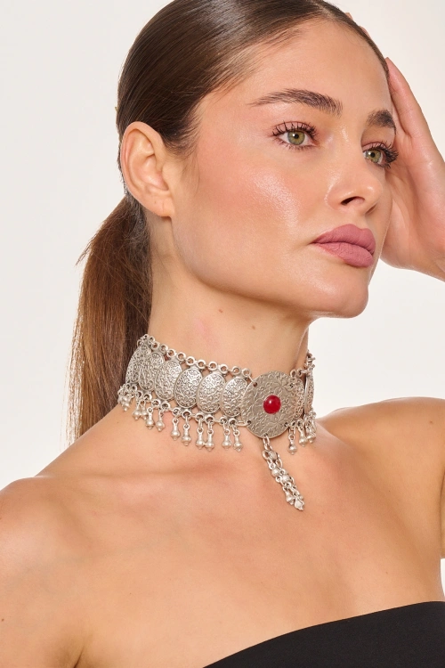 Kiraz Burgundy Stoned Silver Plated Necklace