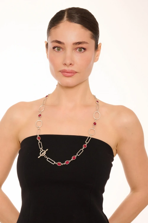 Kiraz Burgundy Stoned Silver Plated Necklace