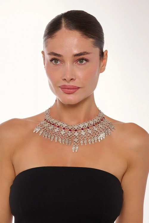 Kiraz Burgundy Stoned Silver Plated Necklace