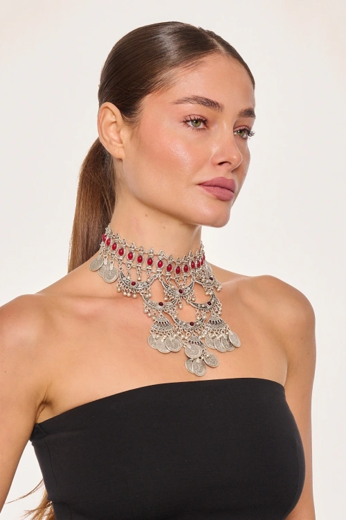 Kiraz Burgundy Stoned Silver Plated Necklace