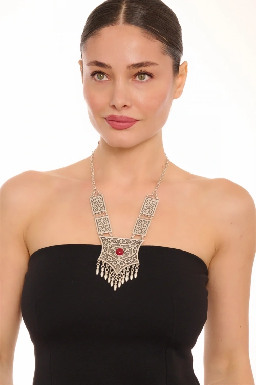 Kiraz Burgundy Stoned Silver Plated Necklace