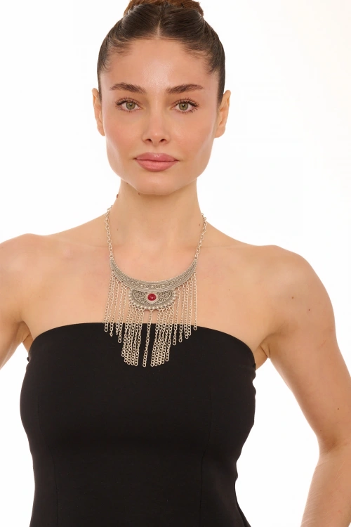 Kiraz Burgundy Stoned Silver Plated Necklace