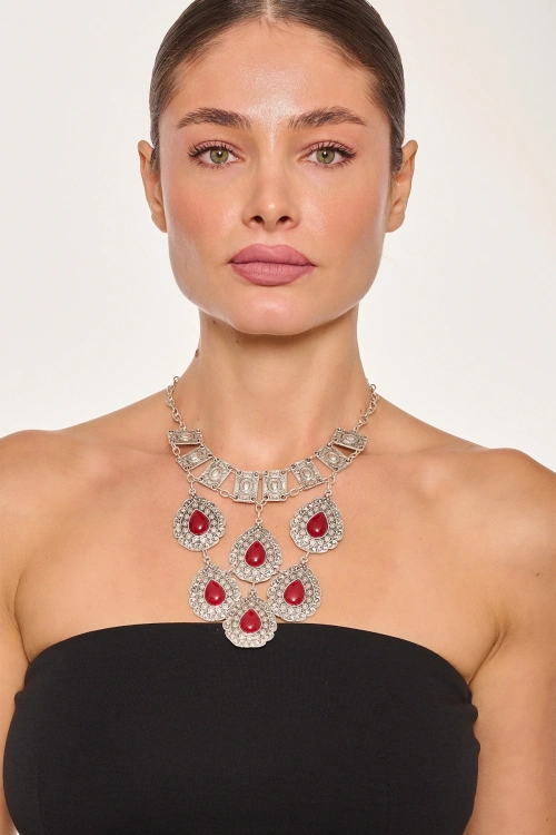 Kiraz Burgundy Stoned Silver Plated Necklace