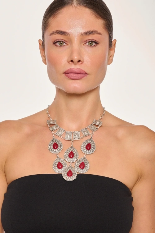 Kiraz Burgundy Stoned Silver Plated Necklace
