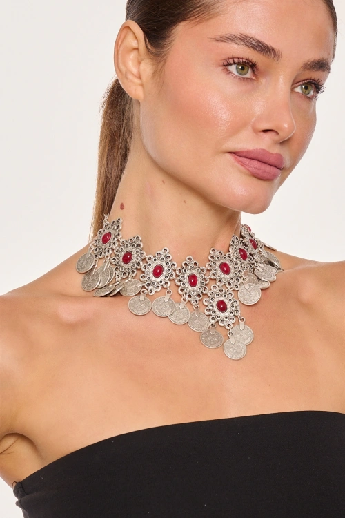 Kiraz Burgundy Stoned Silver Plated Necklace