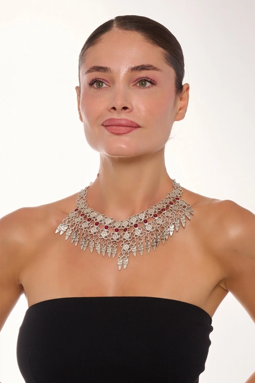 Kiraz Burgundy Stoned Silver Plated Necklace