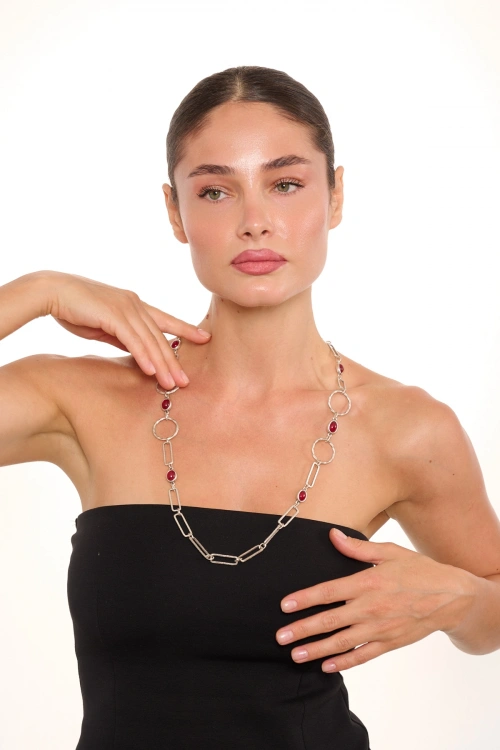 Kiraz Burgundy Stoned Silver Plated Necklace