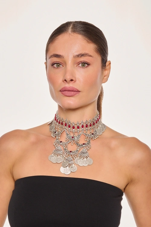 Kiraz Burgundy Stoned Silver Plated Necklace