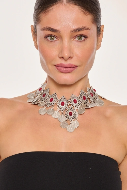 Kiraz Burgundy Stoned Silver Plated Necklace