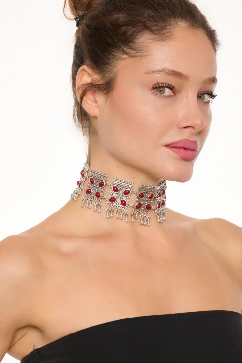 Kiraz Burgundy Stoned Silver Plated Necklace