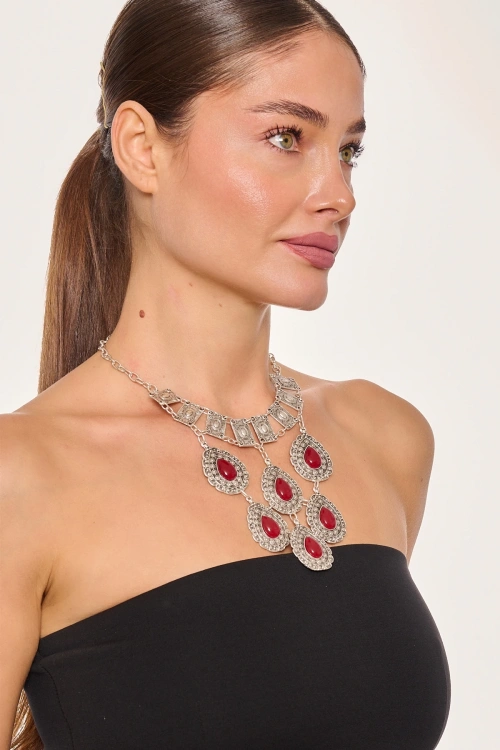 Kiraz Burgundy Stoned Silver Plated Necklace