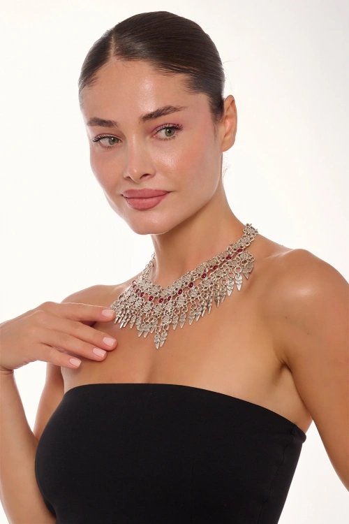 Kiraz Burgundy Stoned Silver Plated Necklace