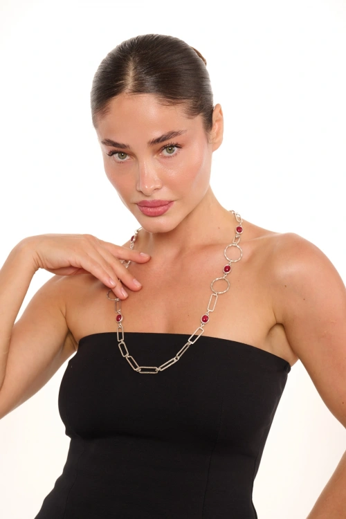 Kiraz Burgundy Stoned Silver Plated Necklace