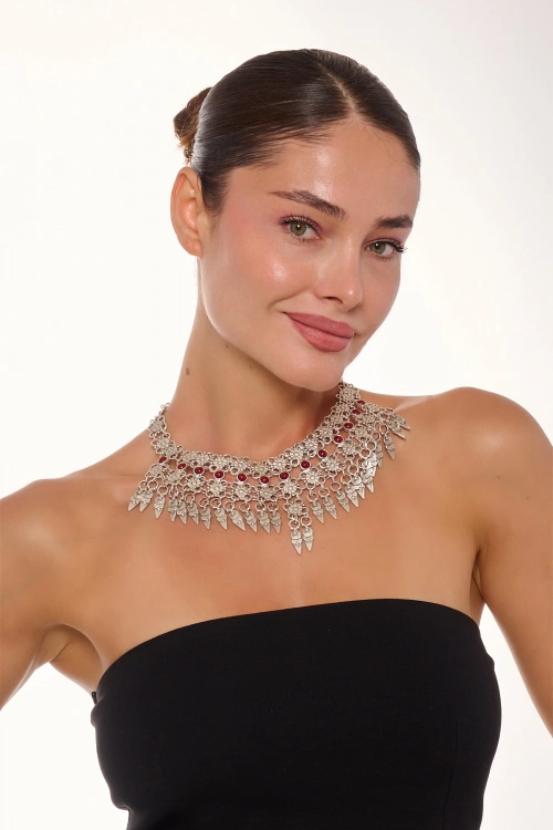 Kiraz Burgundy Stoned Silver Plated Necklace