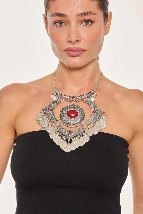 Kiraz Burgundy Stoned Silver Plated Necklace