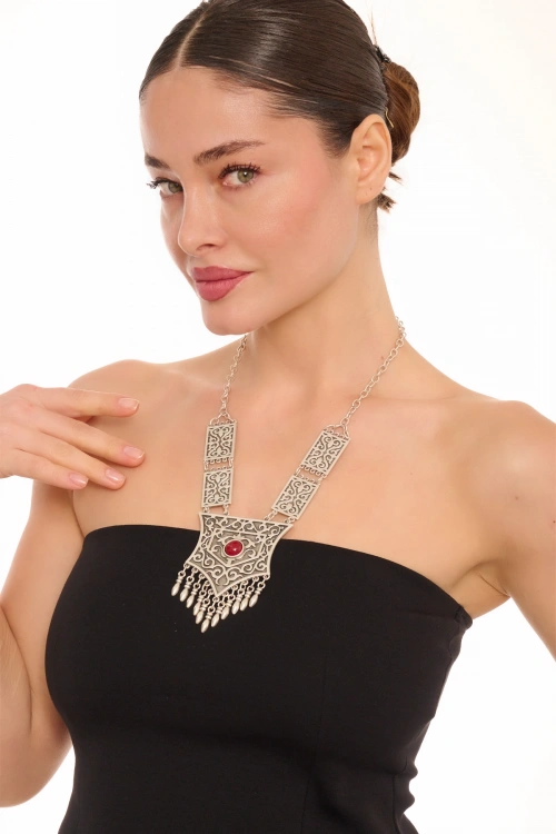 Kiraz Burgundy Stoned Silver Plated Necklace