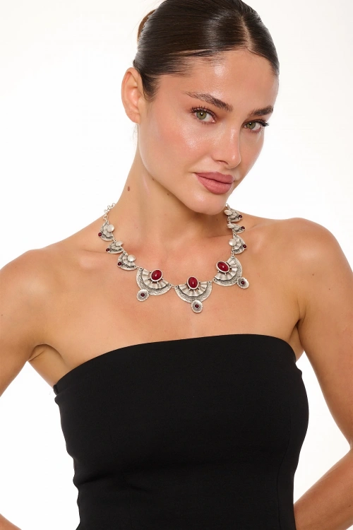 Kiraz Burgundy Stoned Silver Plated Necklace