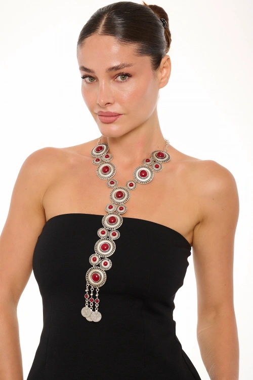 Kiraz Burgundy Stoned Silver Plated Necklace