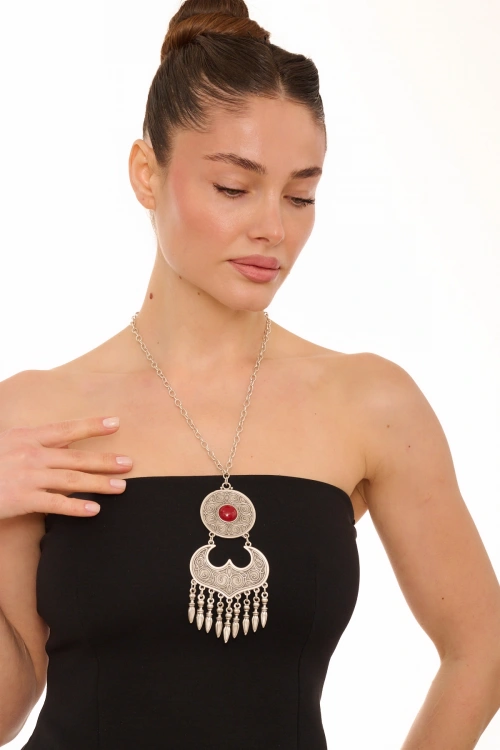 Kiraz Burgundy Stoned Silver Plated Necklace