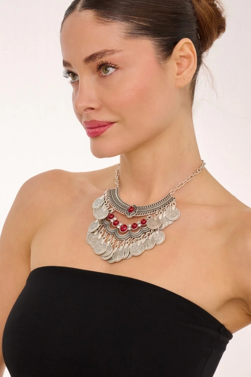 Kiraz Burgundy Stoned Silver Plated Necklace