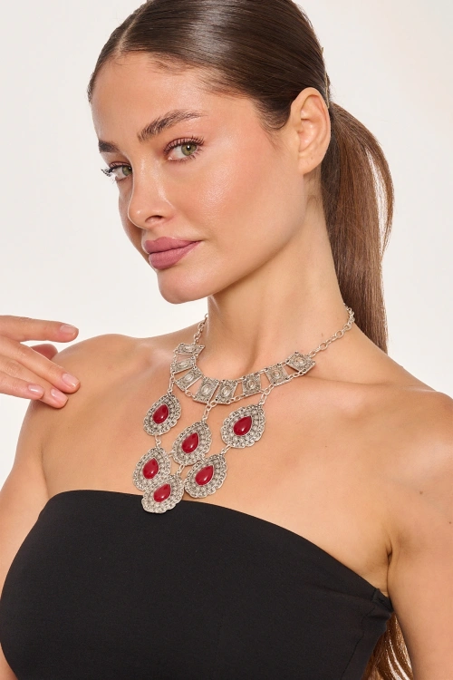 Kiraz Burgundy Stoned Silver Plated Necklace