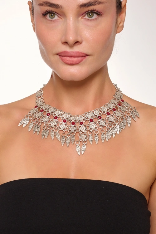 Kiraz Burgundy Stoned Silver Plated Necklace