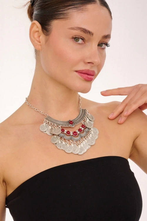 Kiraz Burgundy Stoned Silver Plated Necklace