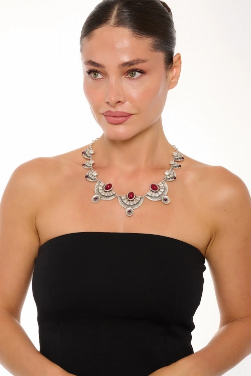 Kiraz Burgundy Stoned Silver Plated Necklace