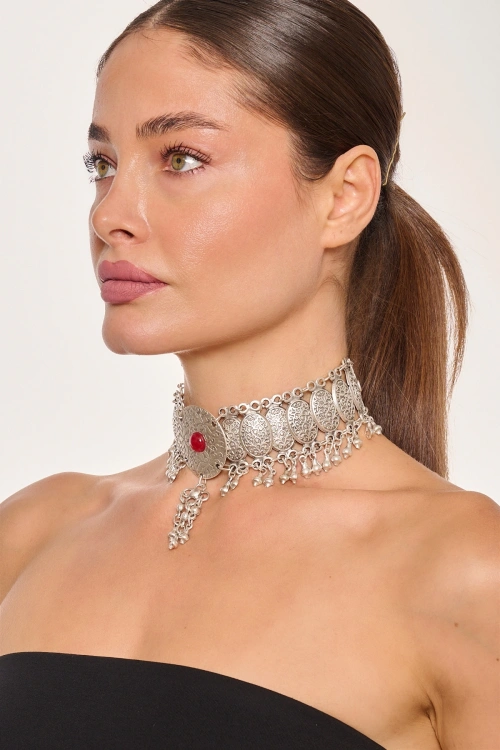 Kiraz Burgundy Stoned Silver Plated Necklace