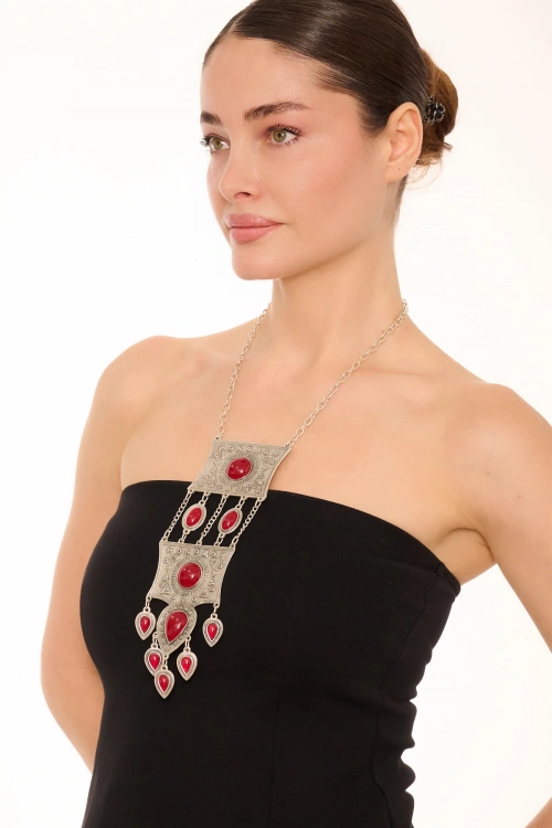 Kiraz Burgundy Stoned Silver Plated Necklace