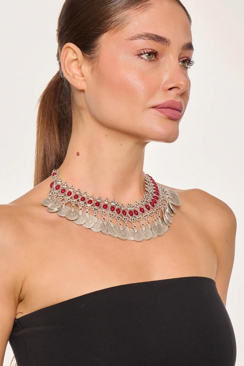 Kiraz Burgundy Stoned Silver Plated Necklace