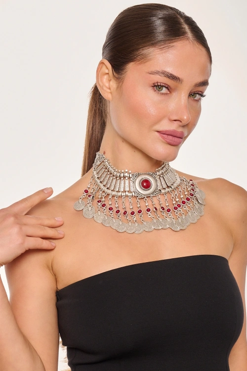 Kiraz Burgundy Stoned Silver Plated Cleopatra Necklace