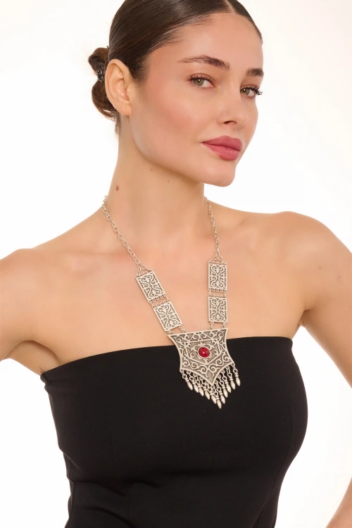 Kiraz Burgundy Stoned Silver Plated Necklace