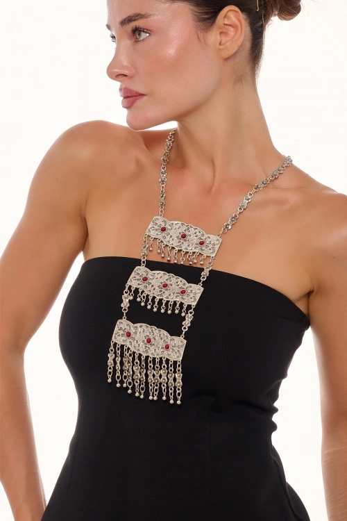 Kiraz Burgundy Stoned Silver Plated Necklace