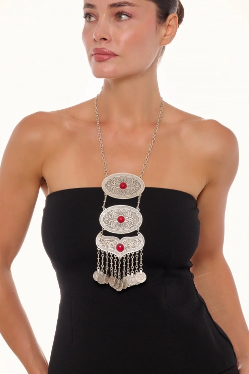 Kiraz Burgundy Stoned Silver Plated Necklace