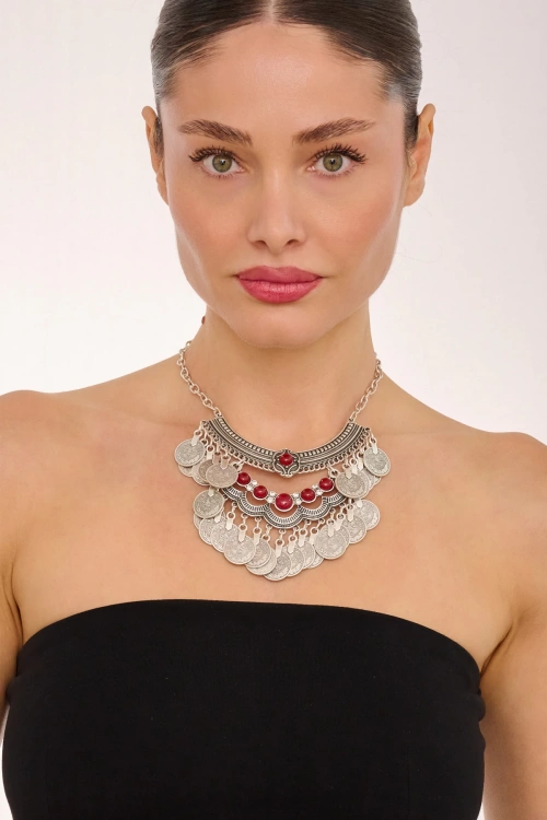 Kiraz Burgundy Stoned Silver Plated Necklace